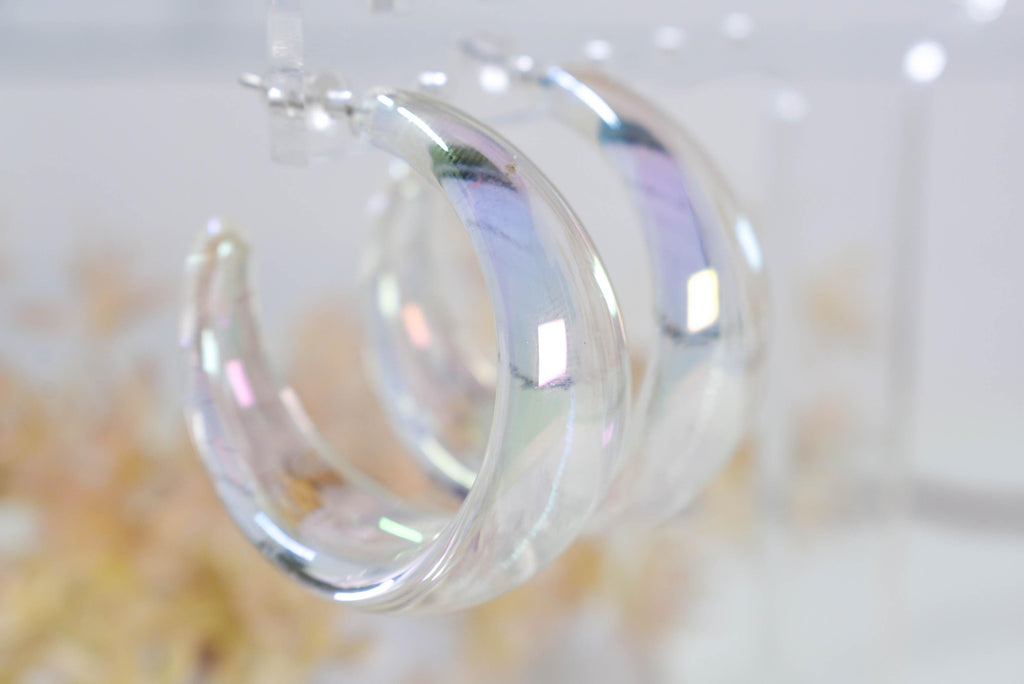 Translucent Iridescent Film Coating Clear Boho Women's Semi Wide Hoop Earrings