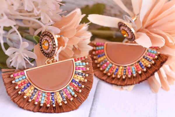 Statement Boho Brown Fan Shape Beaded Tassel Dangle Earrings Women Gifts Vacation