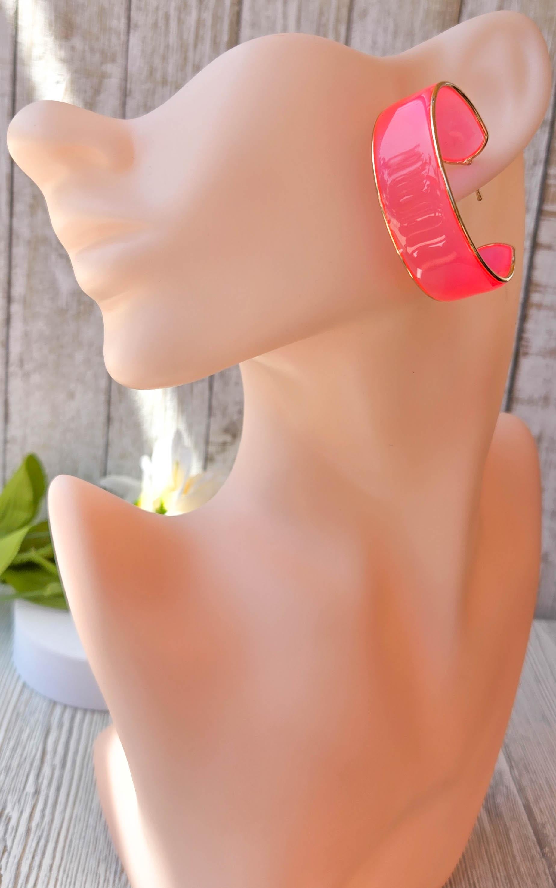 80's Fun Retro Vibes Gold Color Trim Translucent Neon Pink Boho Statement Hoop Earrings