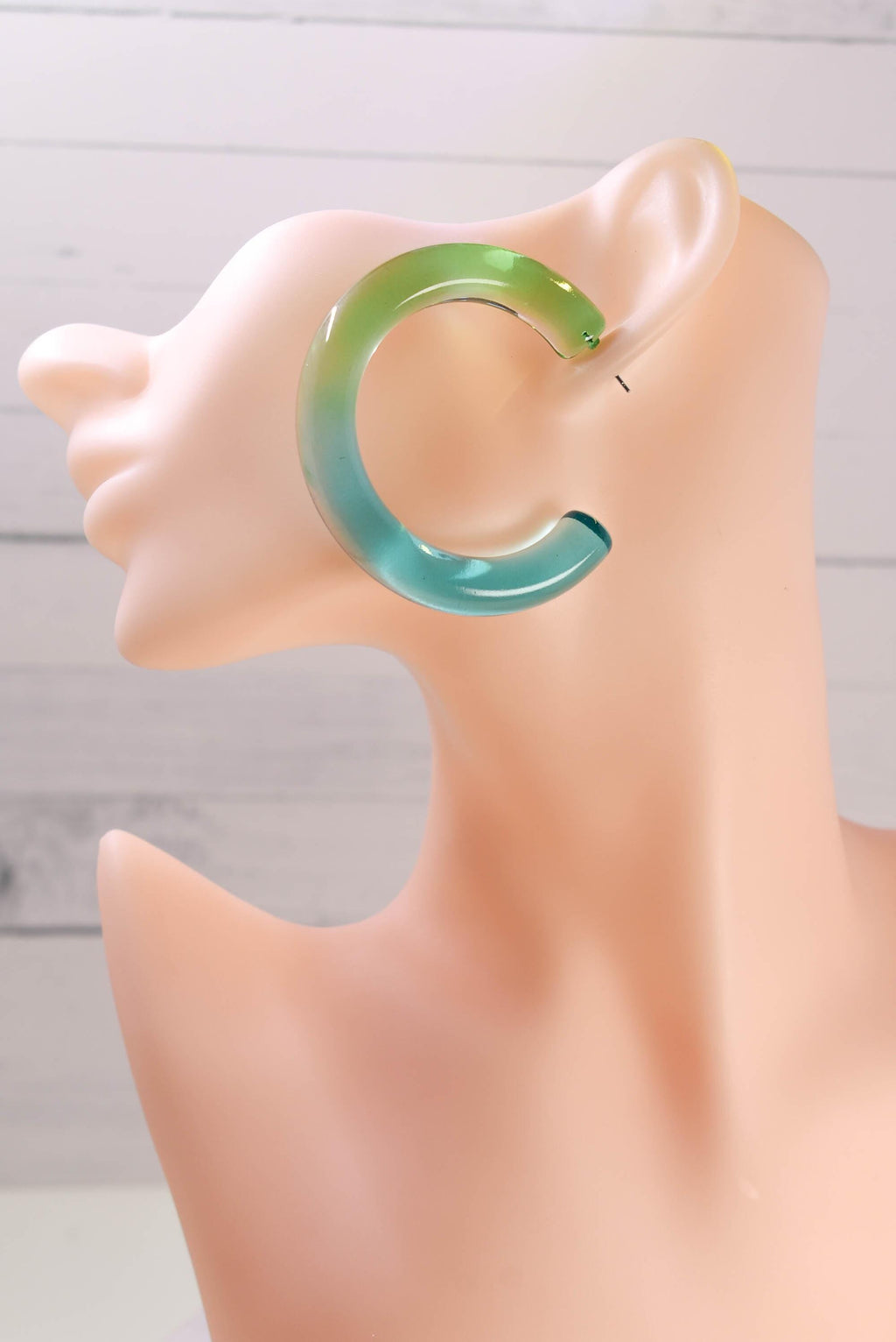 Statement Gradient Light Green to Light Blue Chunky Lucite Translucent Ombre Boho Hoop Earrings