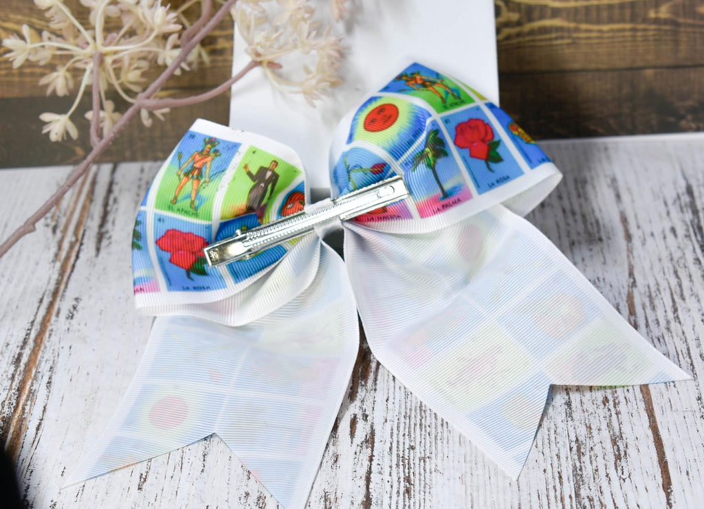 Large Loteria Print Rhinestone Embellished Hair Bow Alligator Clip Girls Women Theme Hair Accessory Mexican Hispanic Culture