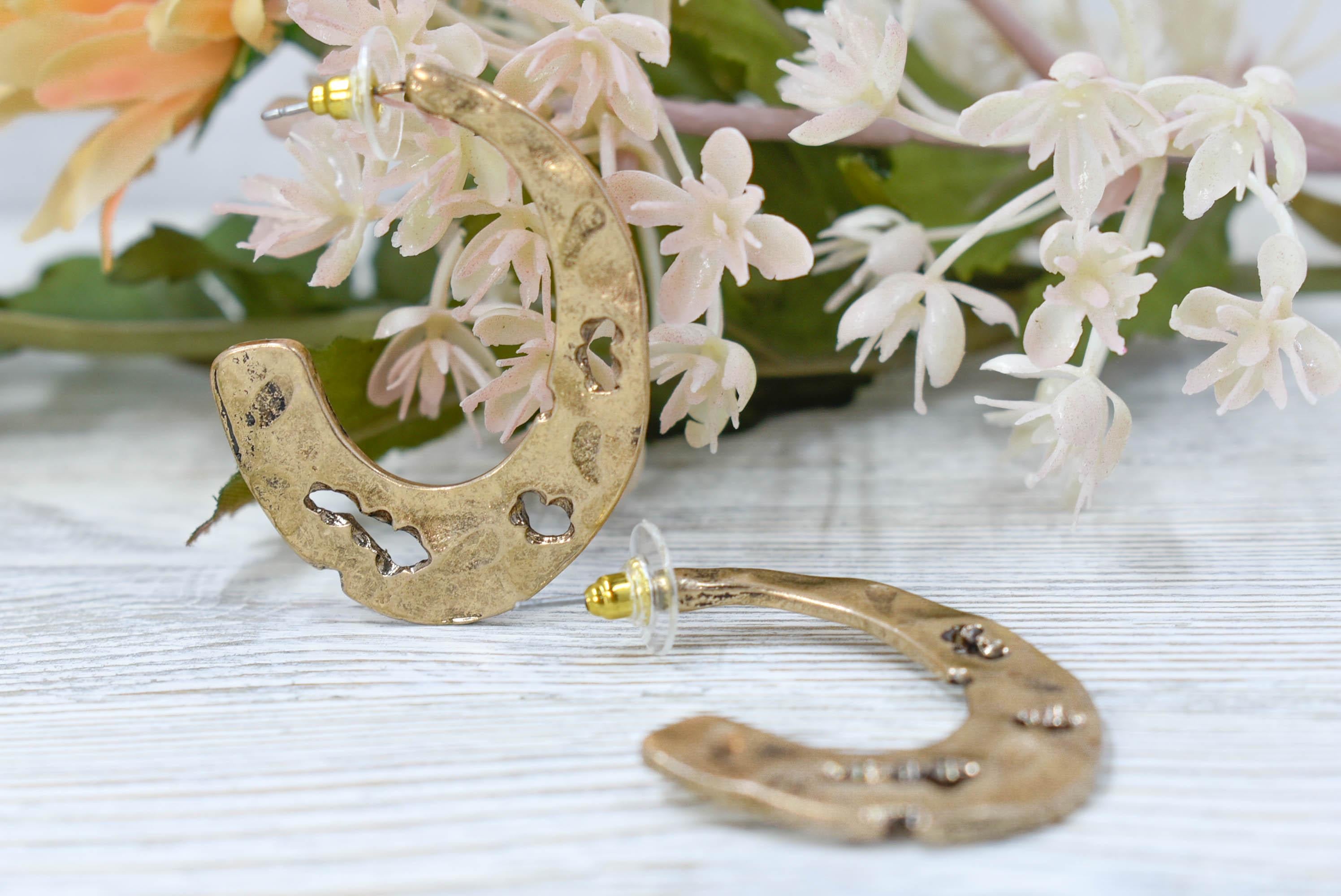 Boho Aged Look Hammered Oblong Gold Tone Hoop Earrings
