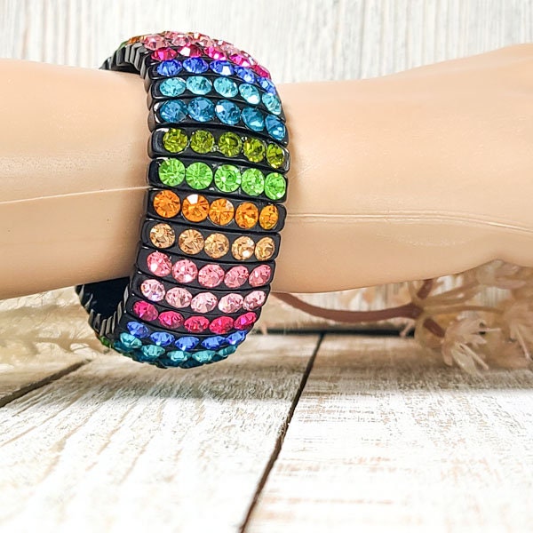 Black Stretch Segmented Bracelet with Multicolor Rhinestones Women's Fashion Statement Jewelry Pageant Night Out
