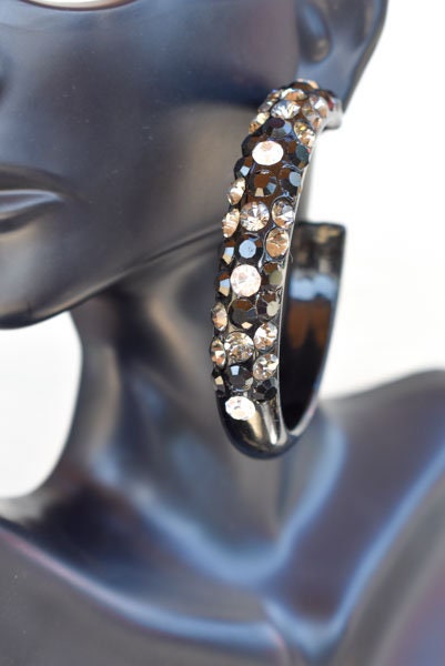 Black Diagonal Pattern Statement Acrylic Lucite Clear-Smoke-Black Rhinestones 2.5" Women's Hoop Earrings Pageant Weddings Night Out