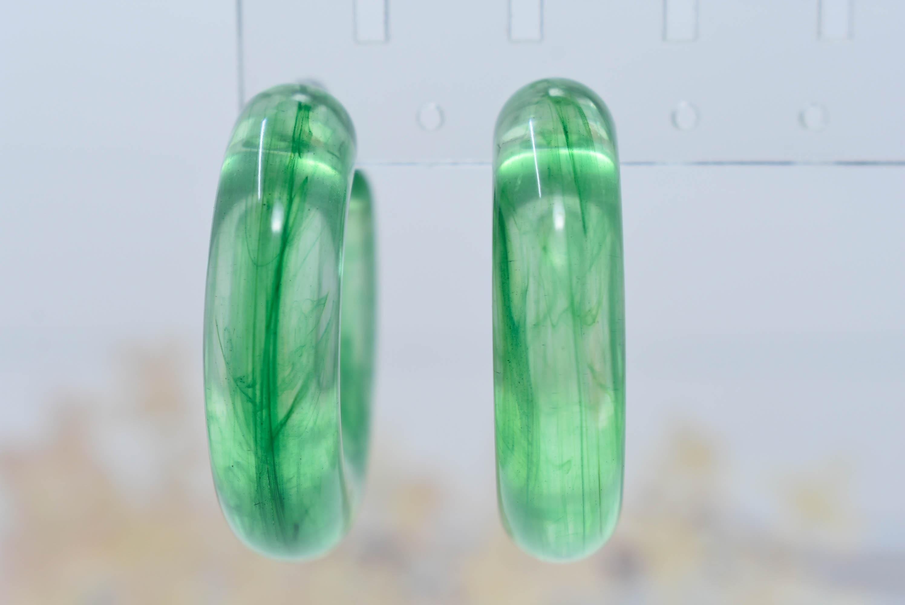 Translucent Green Marbled Color Boho Retro Lightweight Lucite 1.5" Semi Chunky Hoop Earrings