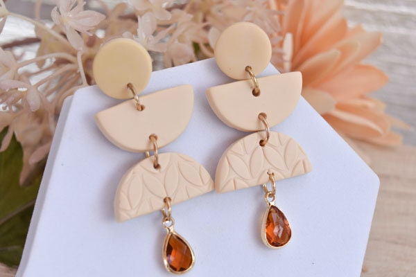 Boho Fashion Statement Handmade Nude Color Polymer Clay "Aura" Dangle Drop Earrings Gifts Women