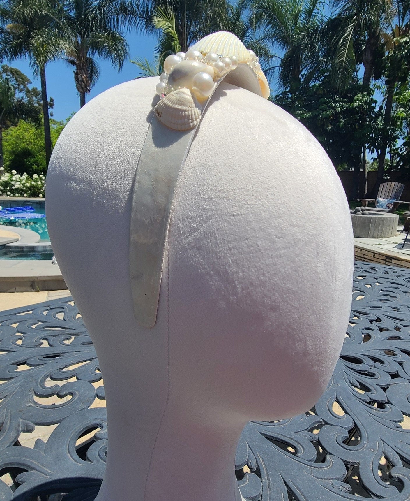 Handmade Seashell Bridal Headband: Pearl & Rhinestone Boho Wedding