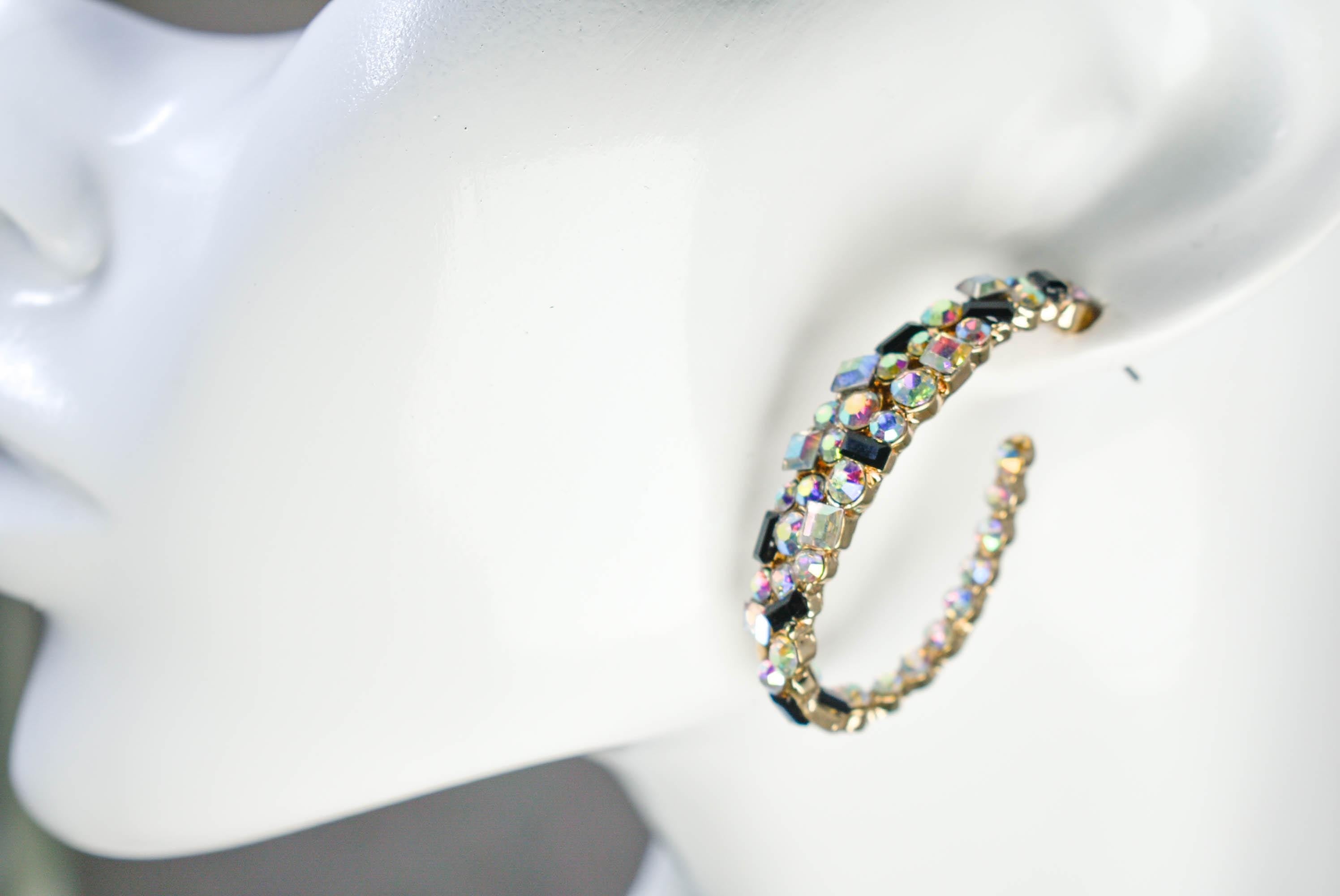 Bling Diva Semi Oblong Gold Tone AB Iridescent, Clear and Black Rhinestone Embellished Hoop Earrings Fashion Accessory Pageant Jewelry