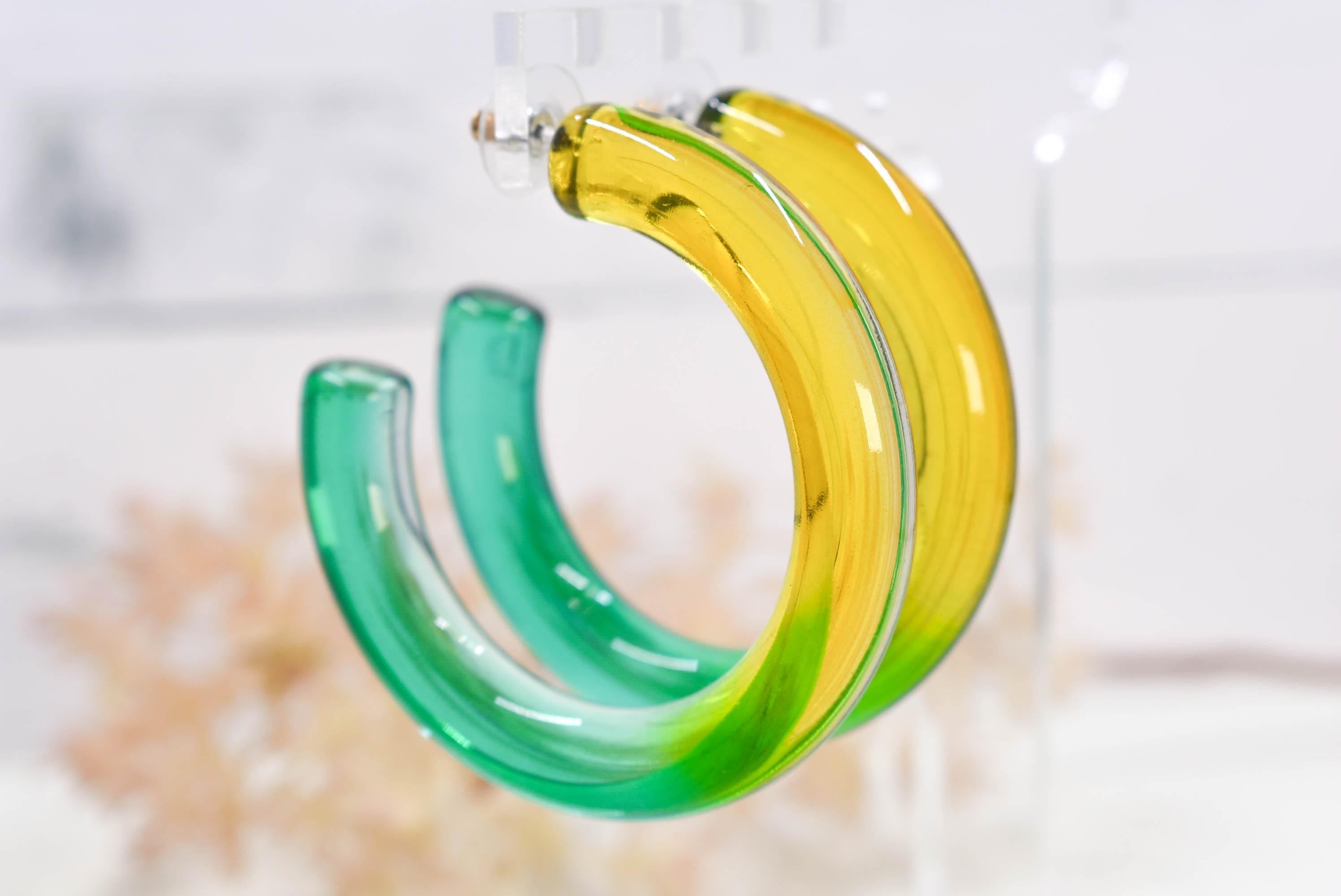 Translucent Gradient Yellow Green Retro Boho Statement Chunky Lucite Ombre Hoop Earrings Fun Earrings Costume Accessories Womens Hoops