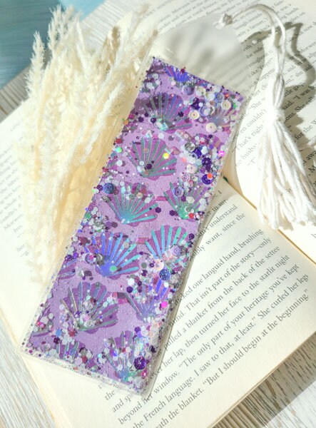 Sea Shell Print Mermaid Sea Theme Glow In The Dark Glitter & Sequin Shaker Bookmark Book Lovers Stocking Stuffer Gifts Kids