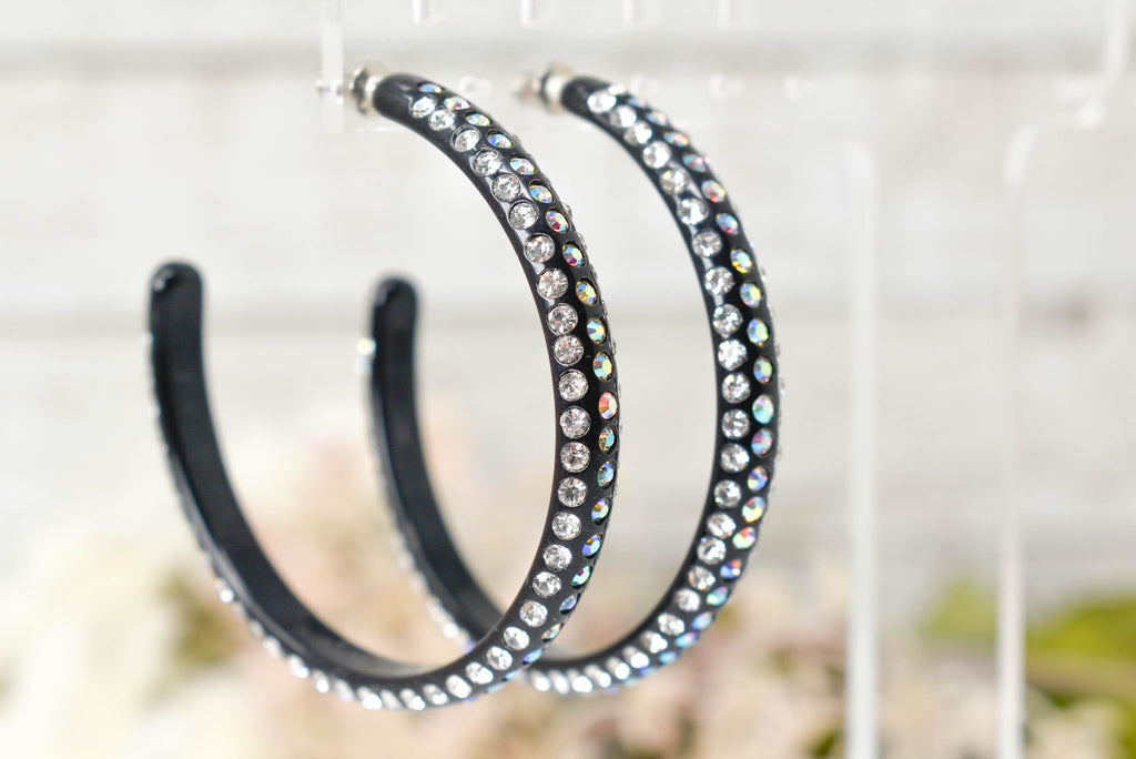 Black 3 Row Bling Statement Acrylic Lucite AB Iridescent Rhinestones 2.25" Women's Hoop Earrings Pageant Weddings Night Out Diva Pageant