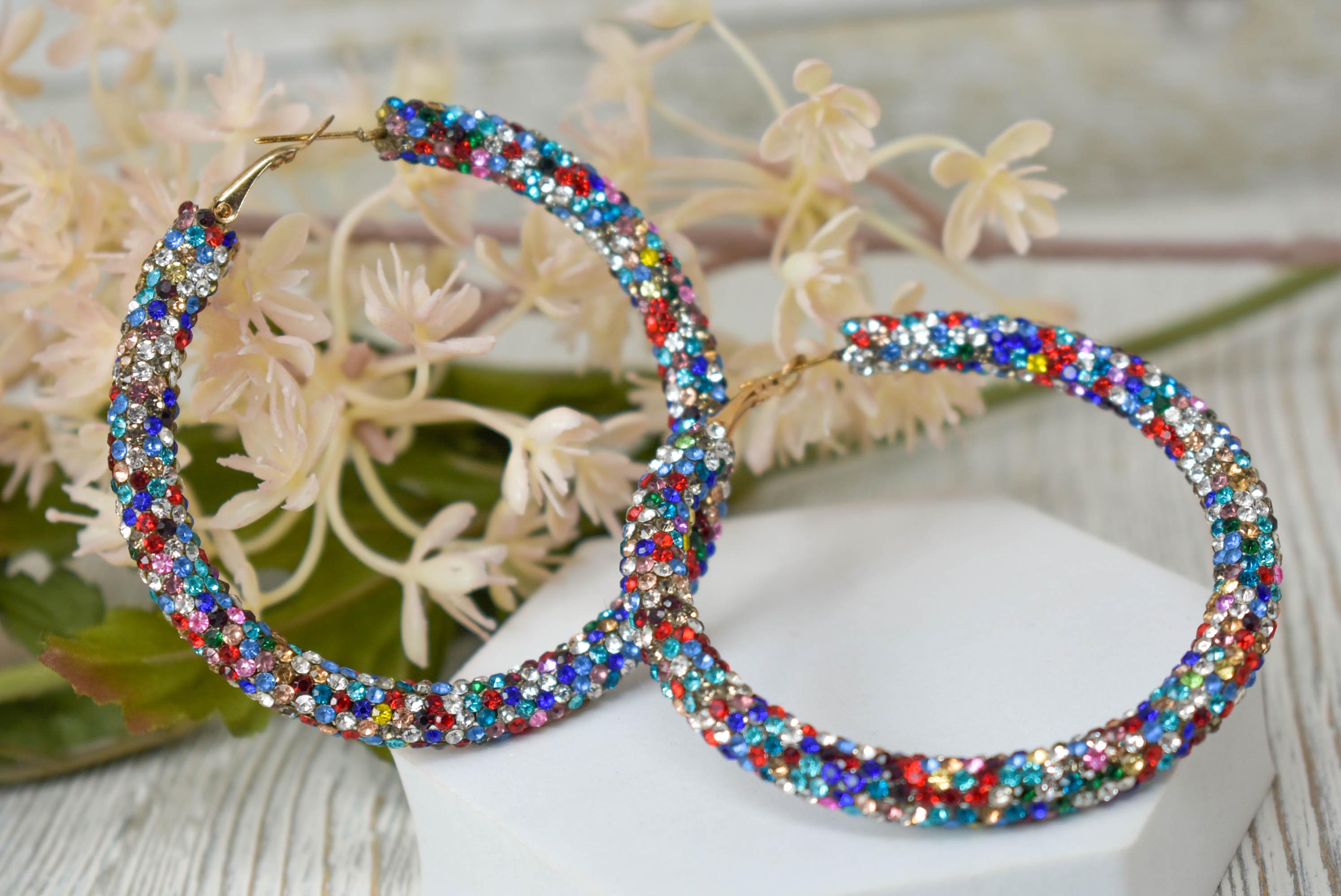 Statement Bohemian 2.5" Multicolor Pave Rhinestone Tube Bling Leverback Hoop Earrings Diva Boujee Fashion Accessories Women's Gifts