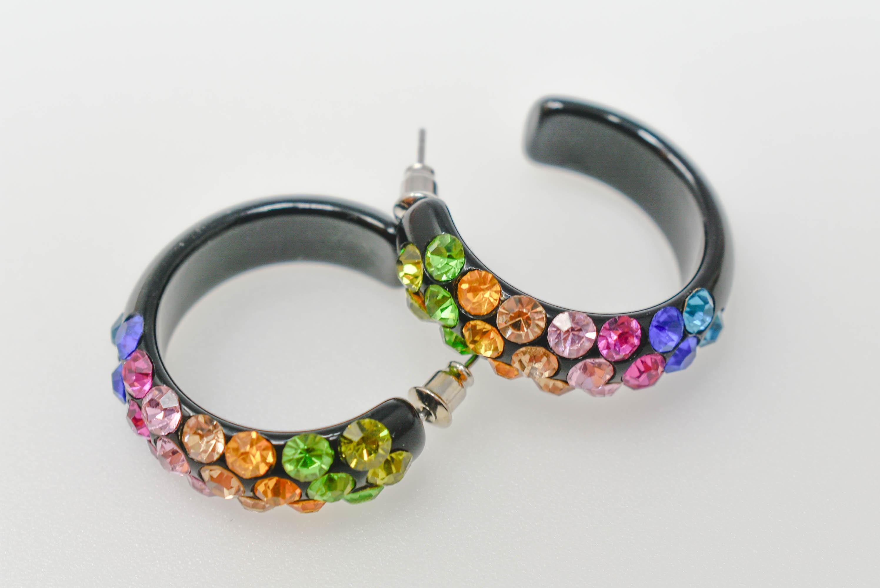 Black Diagonal Pattern Bling Lucite Vivid Multicolor Rhinestones 1.25" Hoop Earrings Pageant Weddings Night Out