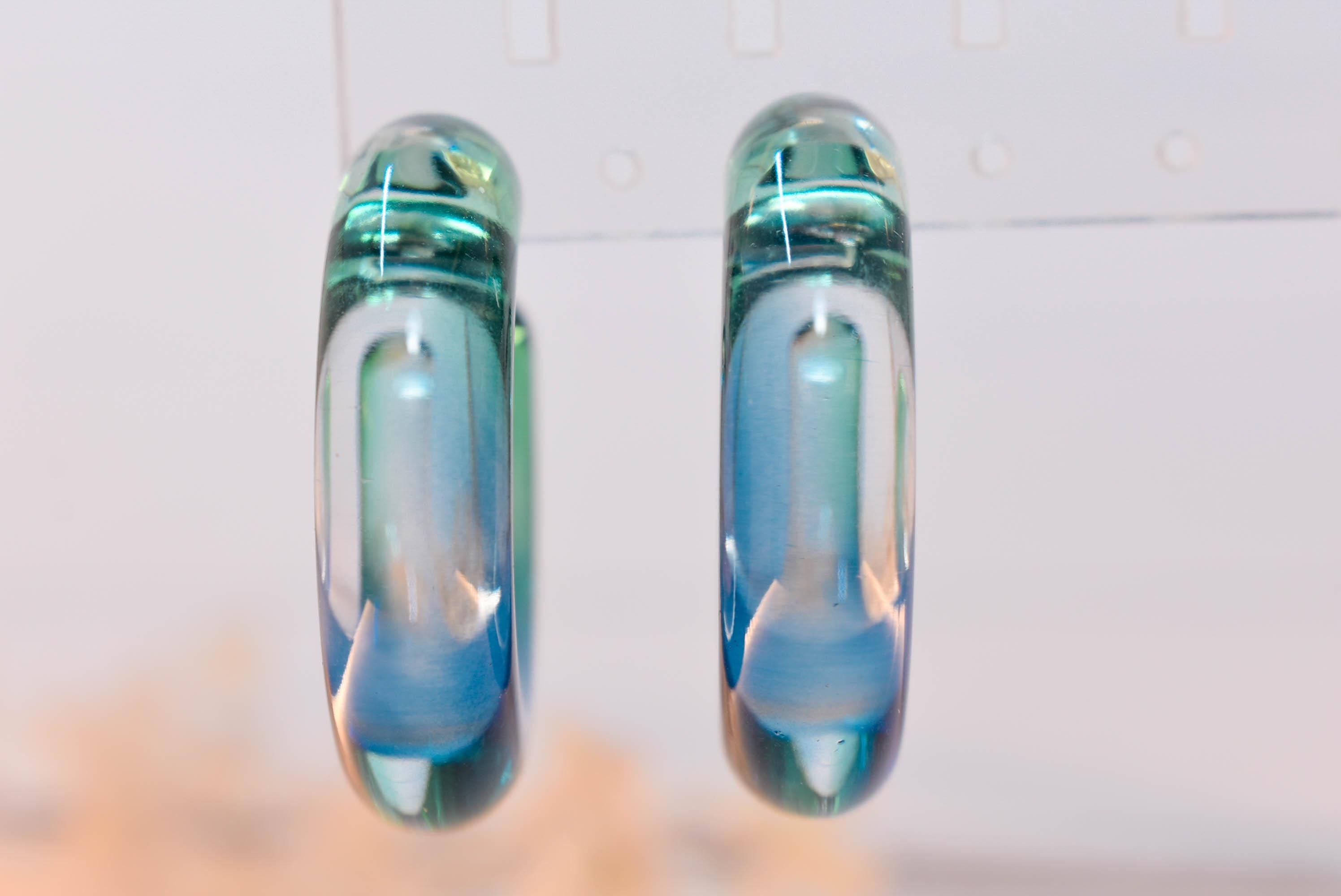 Translucent Gradient Teal Blue Retro Boho Semi Chunky Lucite Ombre Jelly 1.5" Hoop Earrings