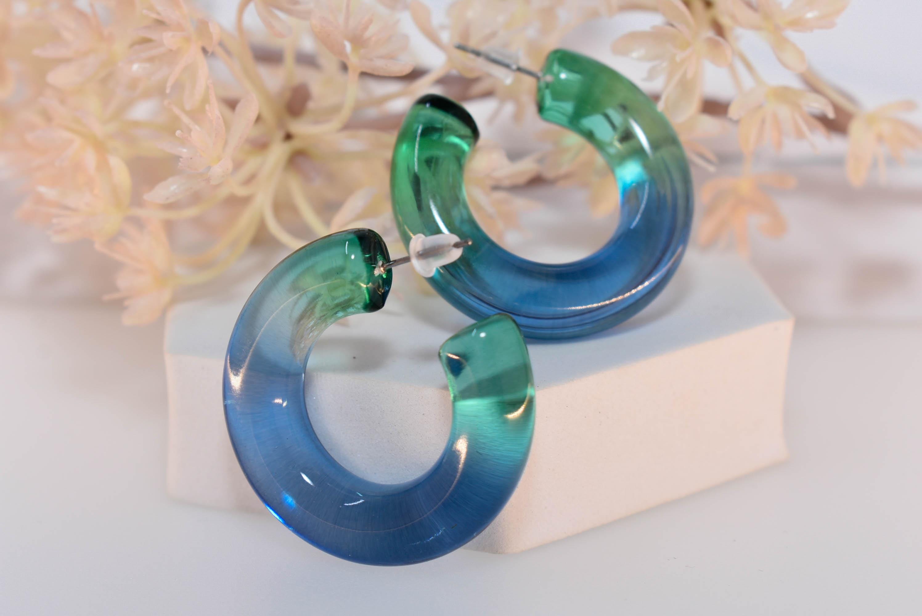 Translucent Gradient Teal Blue Retro Boho Semi Chunky Lucite Ombre Jelly 1.5" Hoop Earrings