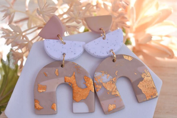 Boho Fashion Statement Handmade Polymer Clay "Bonnie Coffee" Dangle Drop Earrings Gifts Women Gold Flakes