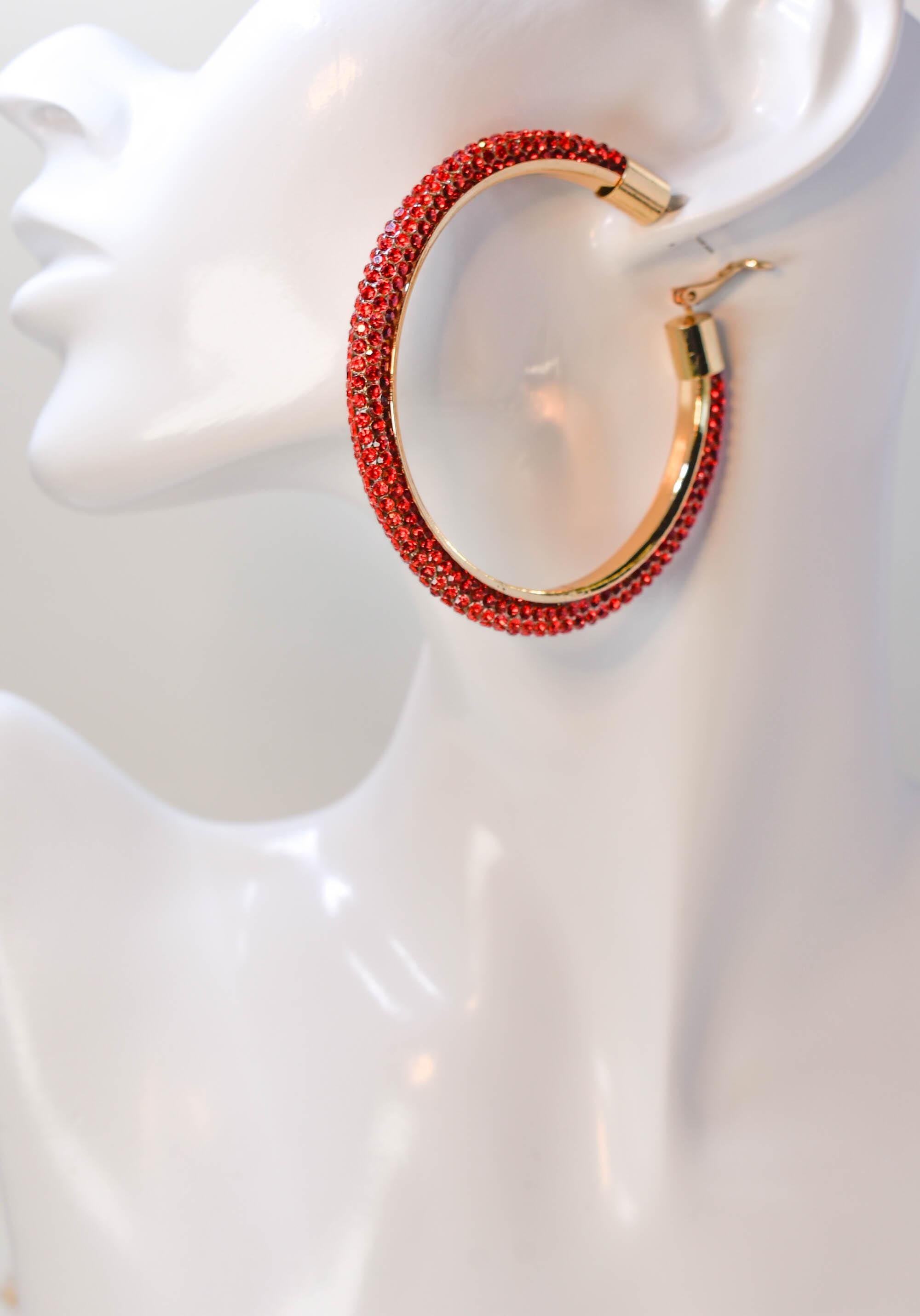 2.5" Large Red Bling Diva Pave Resin Set Rhinestone Hoop Earrings Women Party Night Out