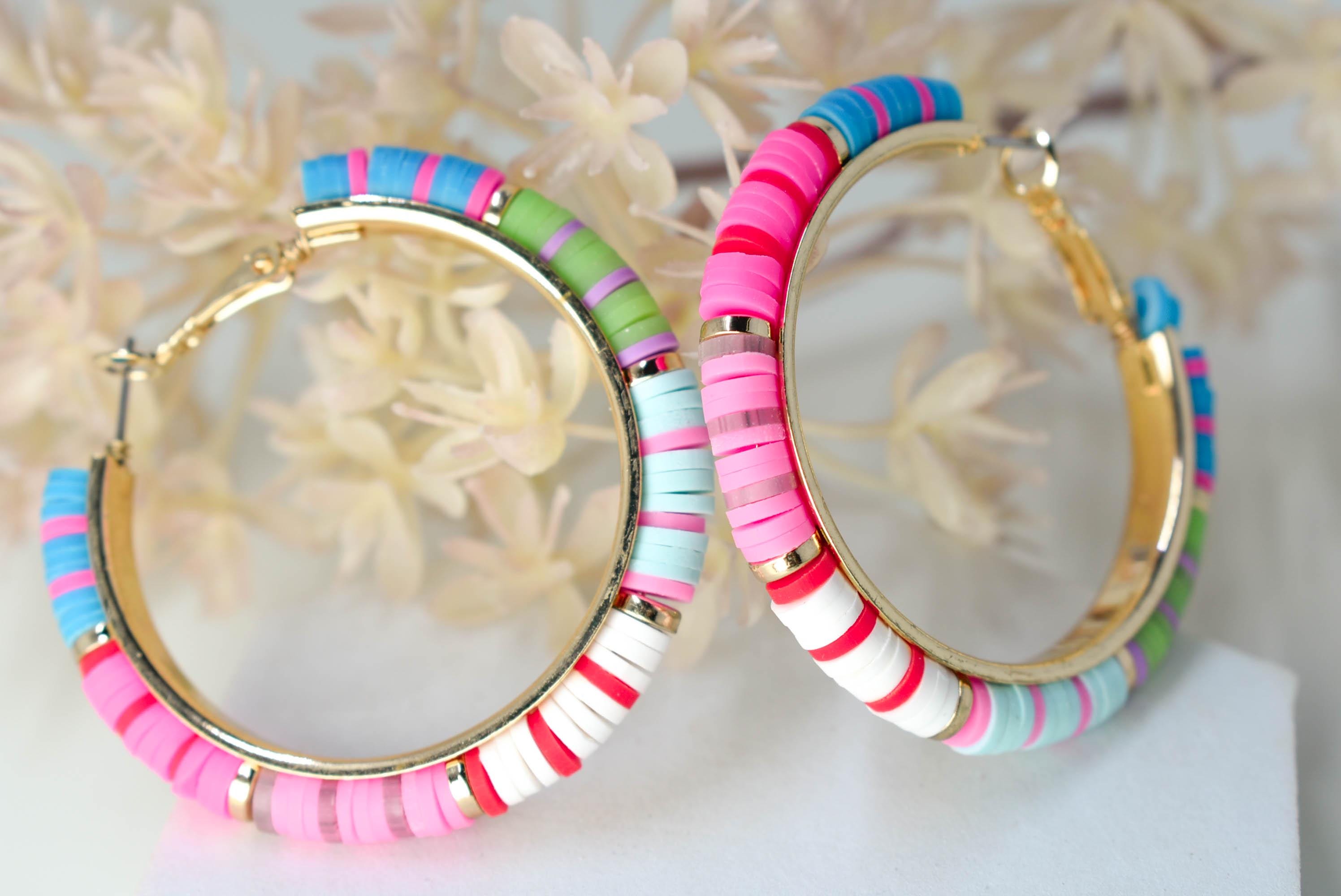 Boho Chic Statement Bright Multicolor Polymer Dark Discs Gold Tone Lever Back Hoop Earrings Women Gifts