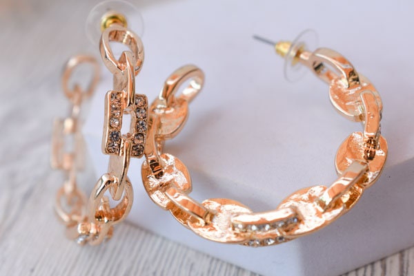 Statement Gold Tone Chain Link Rhinestone Hoops