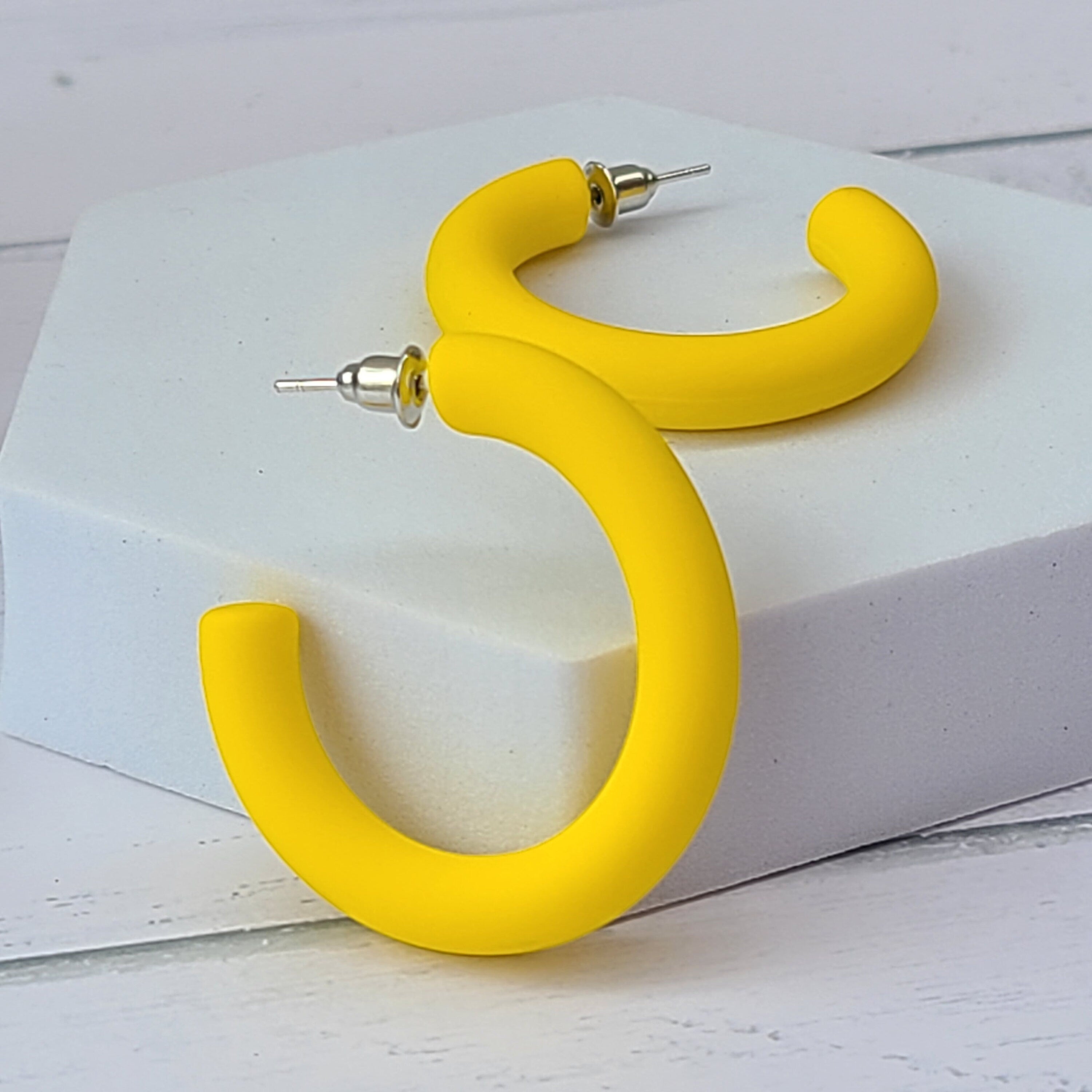 Summer Fun Oblong Matte Yellow 1.5" Half Hoop Earrings
