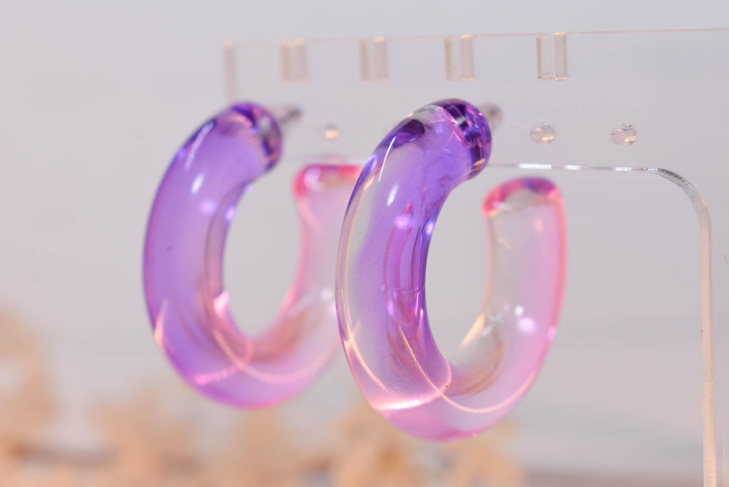 Translucent Gradient Purple Pink Retro Boho Semi Chunky Lucite Ombre Jelly 1.5" Hoop Earrings