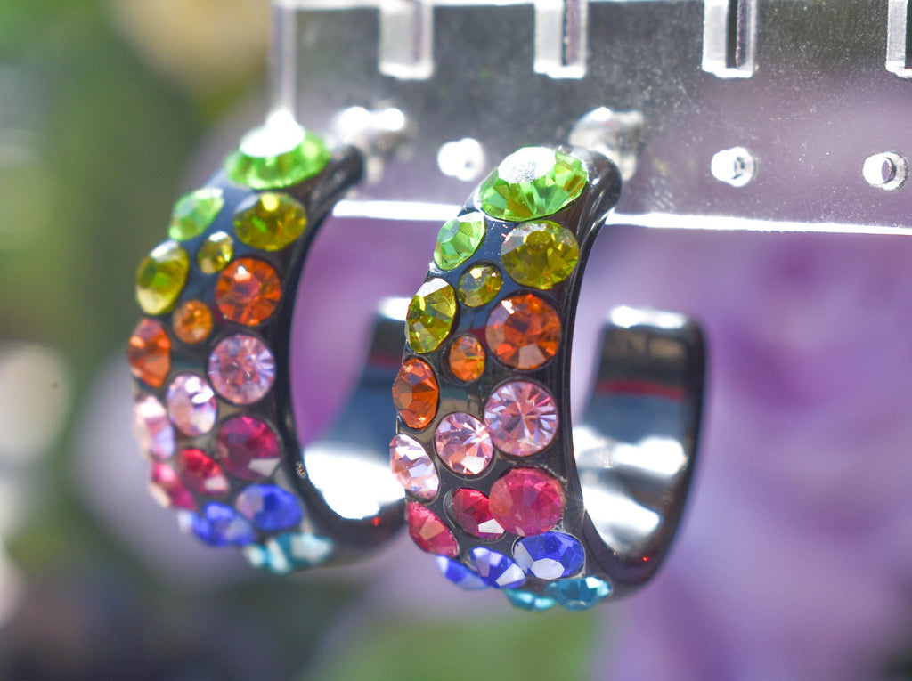 Black Bling Statement Semi Wide Multicolor Diagonal Rhinestones 1" Women's Hoop Earrings Pageant Weddings Night Out Diva Pageant