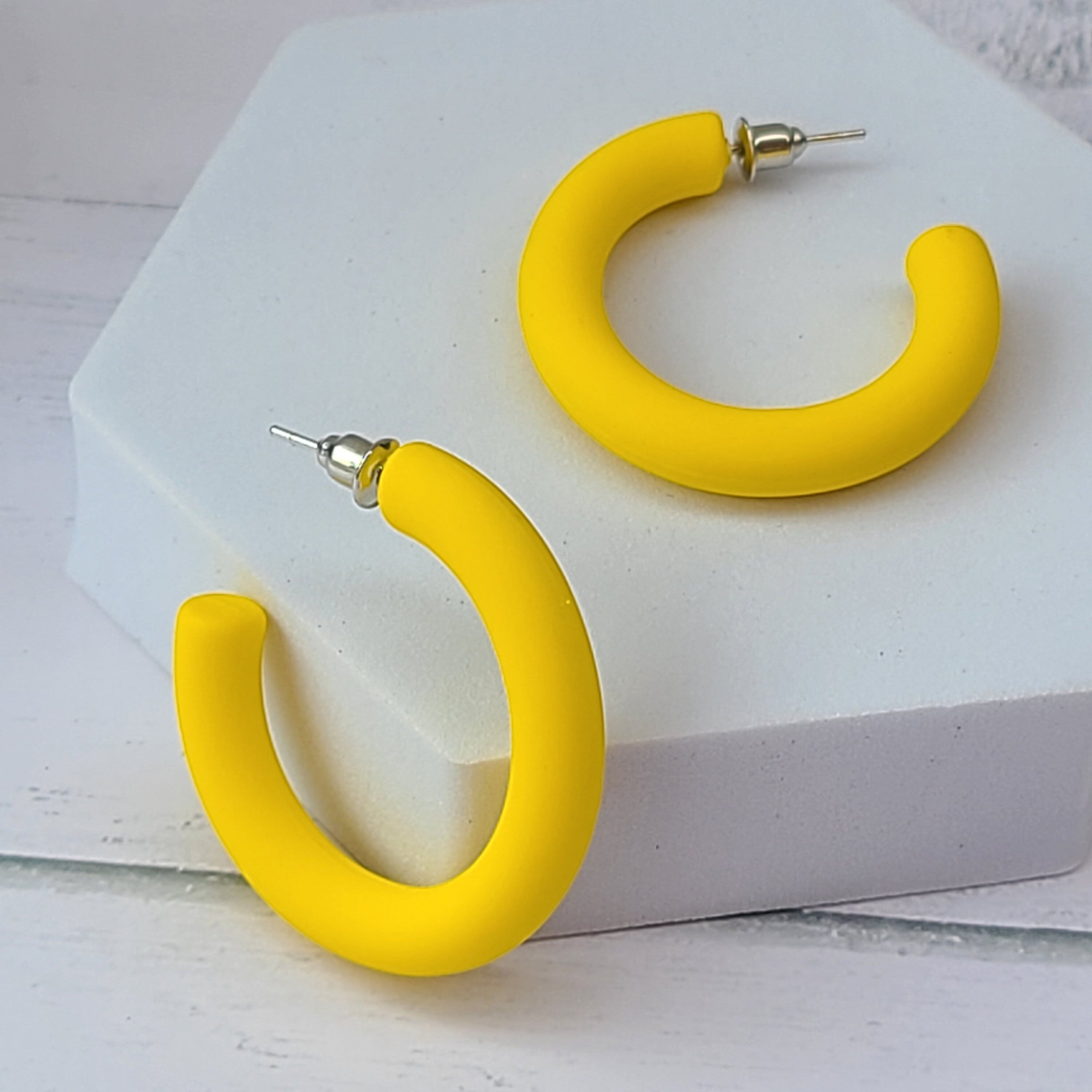 Summer Fun Oblong Matte Yellow 1.5" Half Hoop Earrings