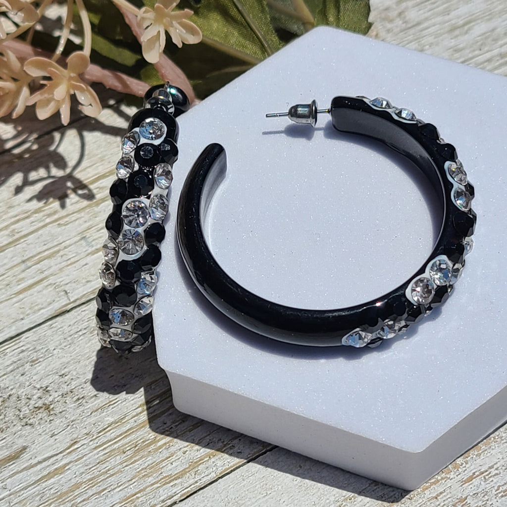 Black Bling Statement Acrylic Lucite Clear/Black Rhinestones 2" Women's Hoop Earrings with White Paint Accent Pageant Weddings Night Out