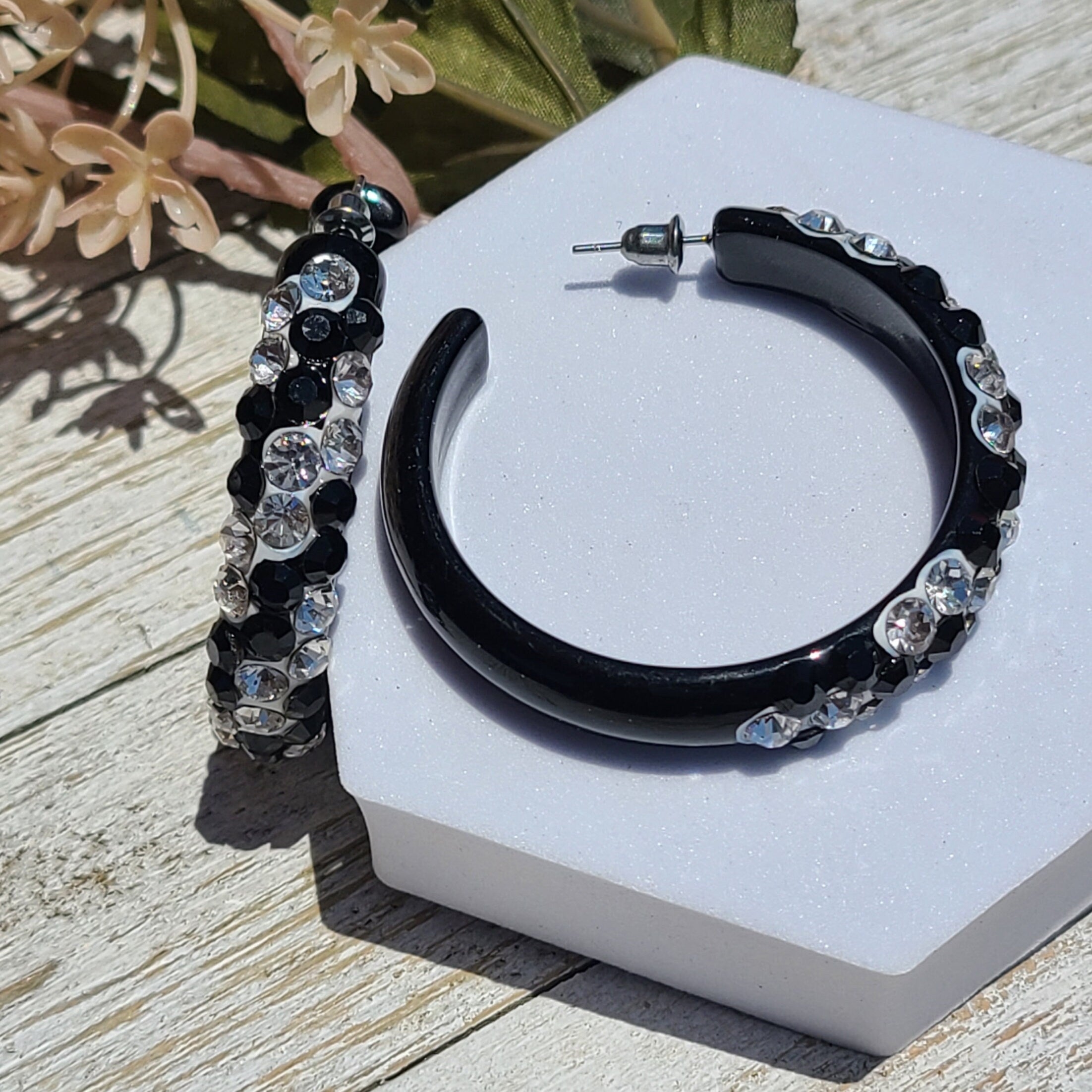 Black Bling Statement Acrylic Lucite Clear/Black Rhinestones 2" Women's Hoop Earrings with White Paint Accent Pageant Weddings Night Out