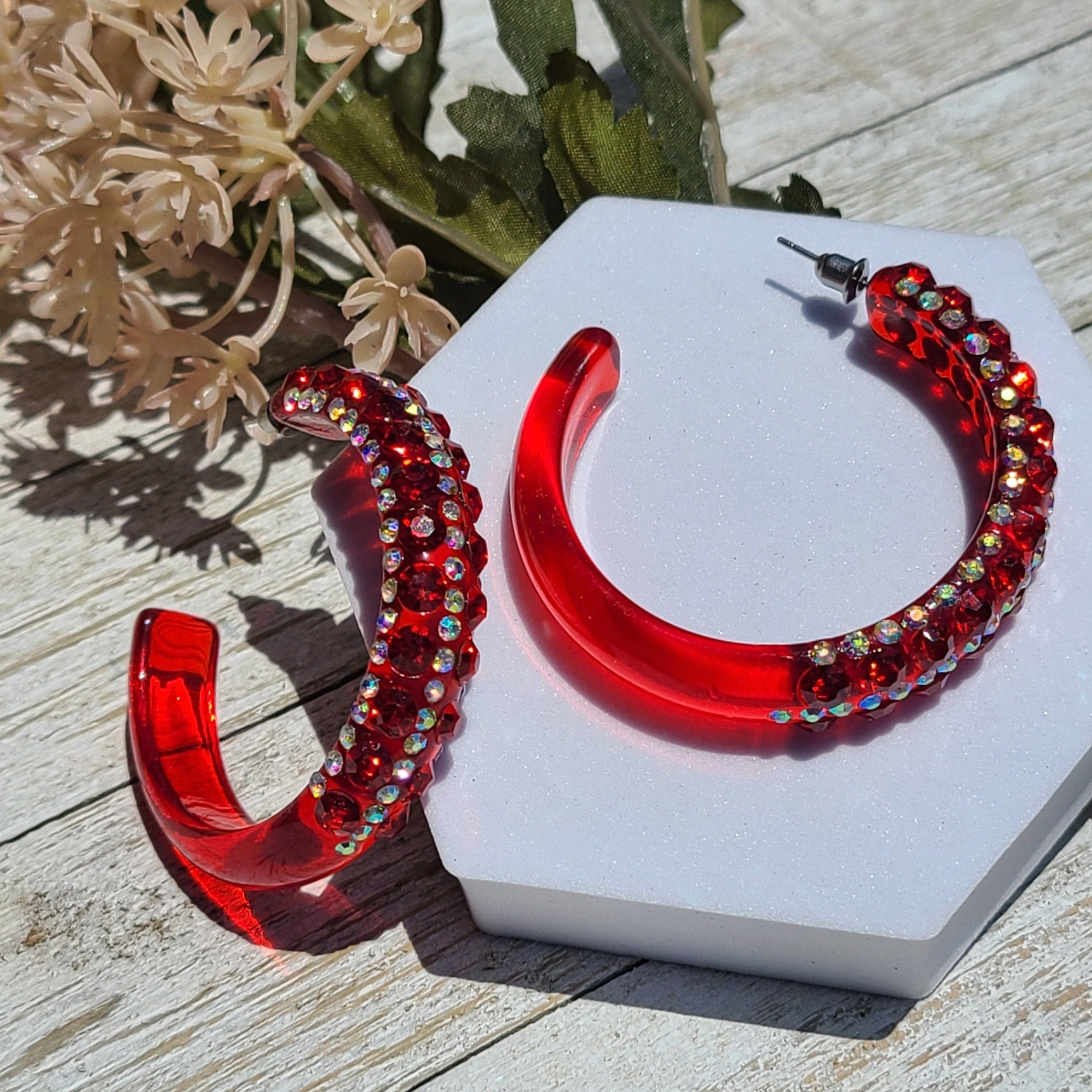 Translucent Red 5 Row Bling Statement Acrylic Lucite Red/AB Rhinestones 2" Women's Hoop Earrings Pageant Weddings Night Out