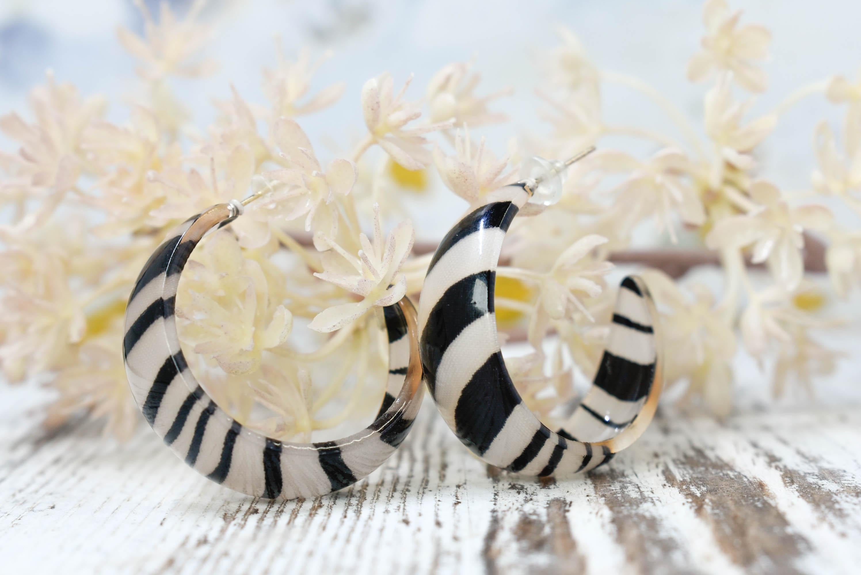 Statement Zebra Print Safari Jungle Translucent Boho Women's Semi Wide Hoop Earrings
