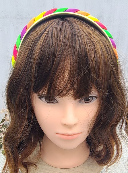 Colorful Retro 80's Vibe Satin Wide Headband with Neon Matte Chunky Chain Link Accent Costume Boho Hair Accessory Women Girls