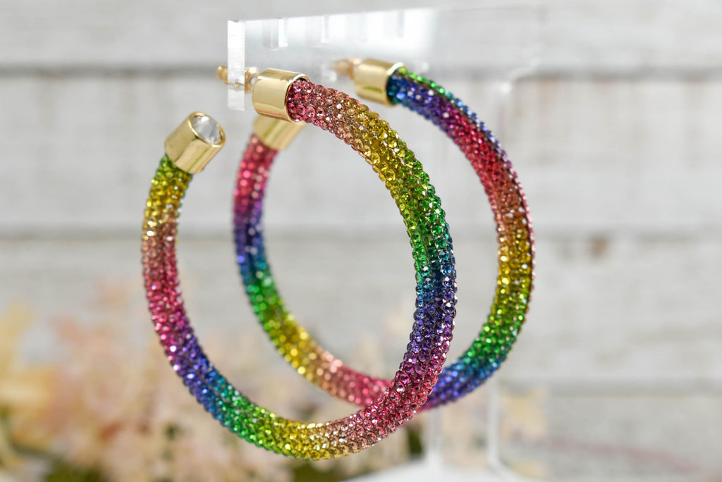 2.5" Ladies Bohemian Multicolor Rainbow Rhinestone Sparkle Wrap Pave Open Hoop Earrings Stone Accent Women Party Night Out