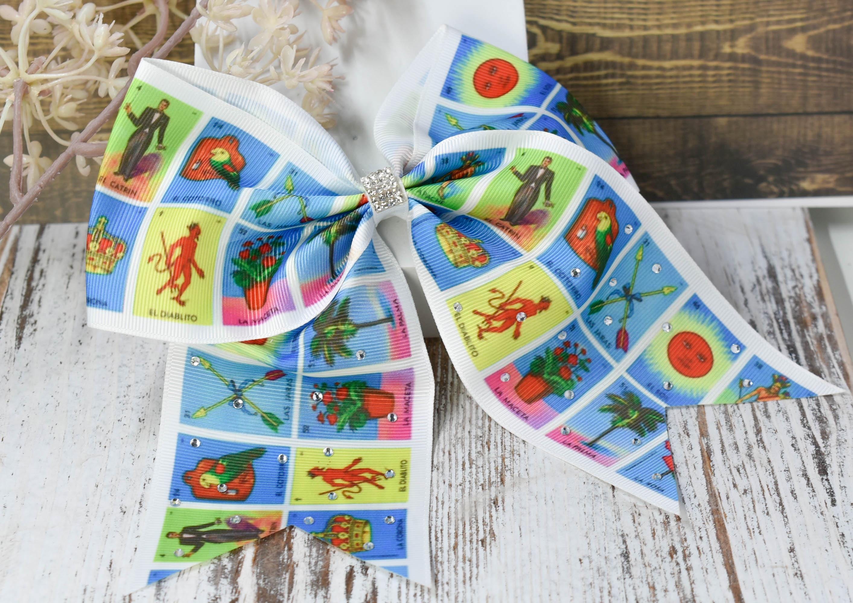 Large Loteria Print Rhinestone Embellished Hair Bow Alligator Clip Girls Women Theme Hair Accessory Mexican Hispanic Culture