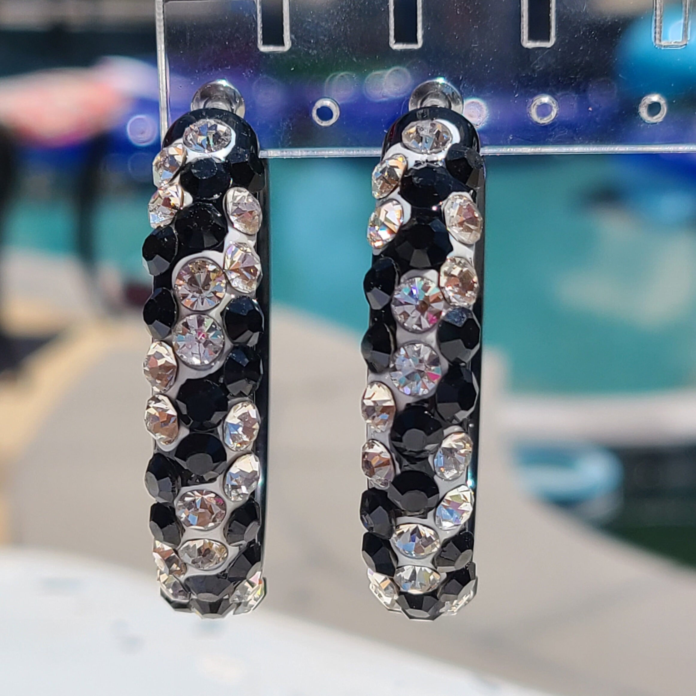 Black Bling Statement Acrylic Lucite Clear/Black Rhinestones 2" Women's Hoop Earrings with White Paint Accent Pageant Weddings Night Out