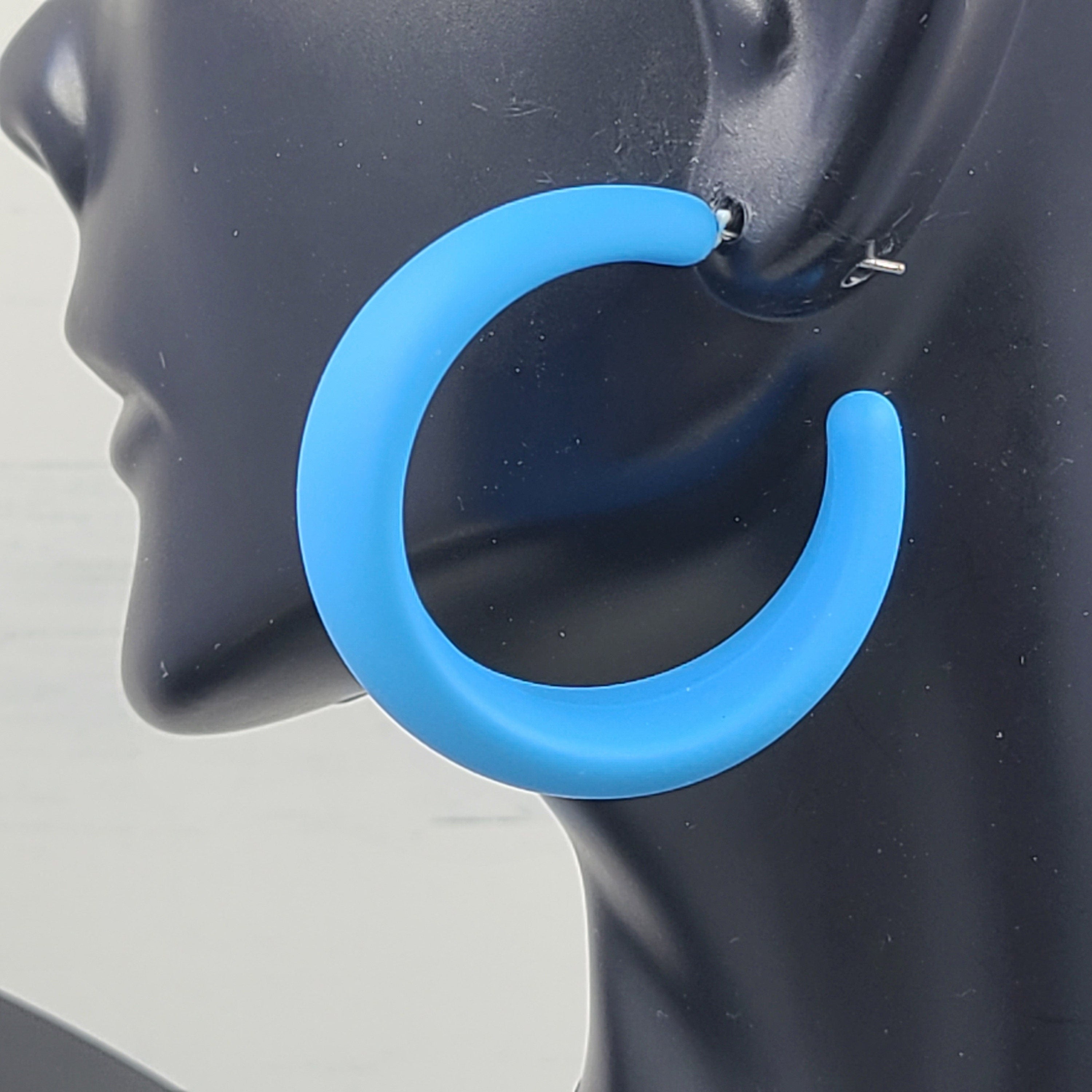 Blue 80's Retro Smooth Matte Texture 1.5" Semi Wide Fashion Hoop Earrings