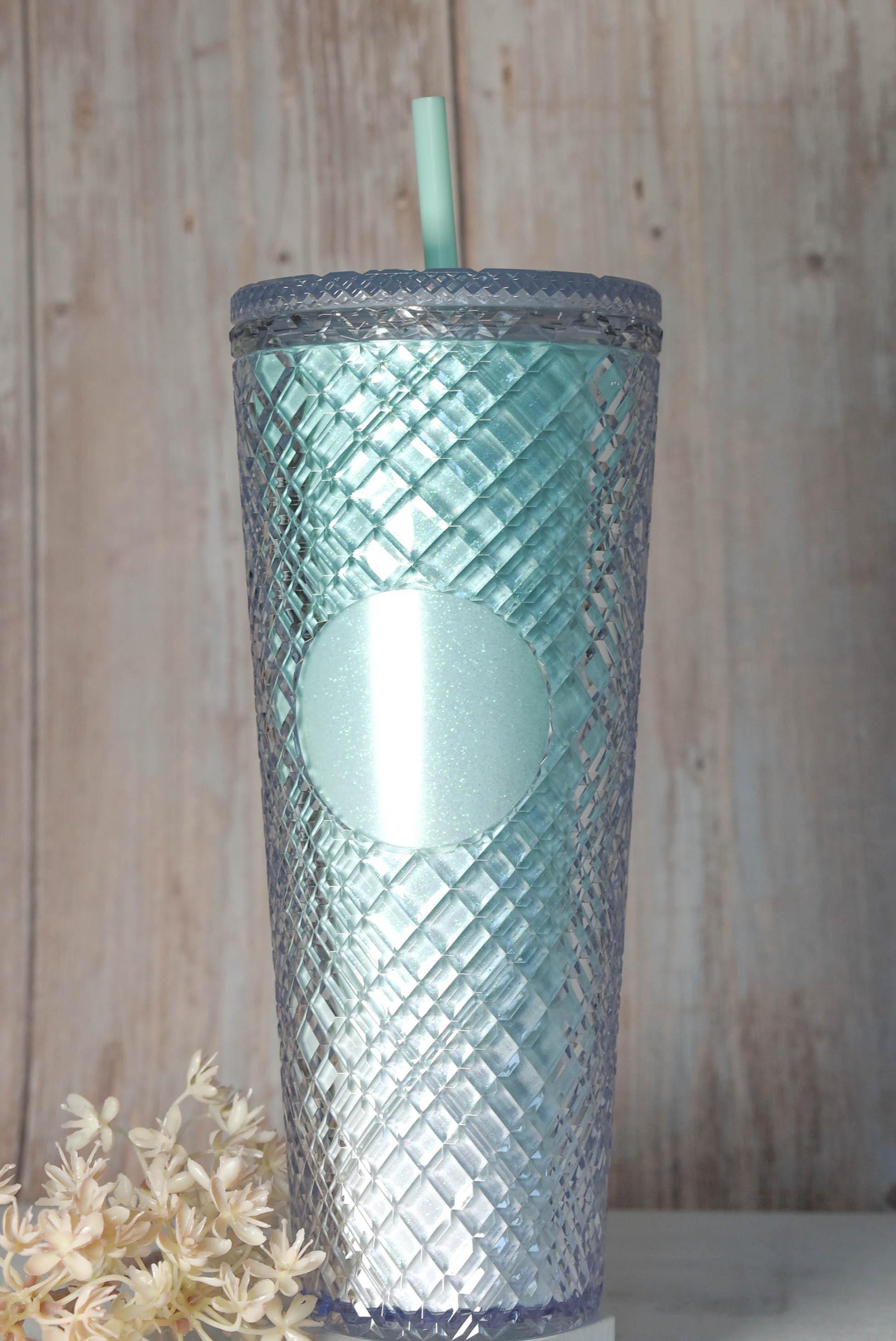 24oz Mint Shimmery Diamond Grid Studded Textured To Go Travel Tumbler Cup Blank Center Circle with Lid and Straw BPA Free