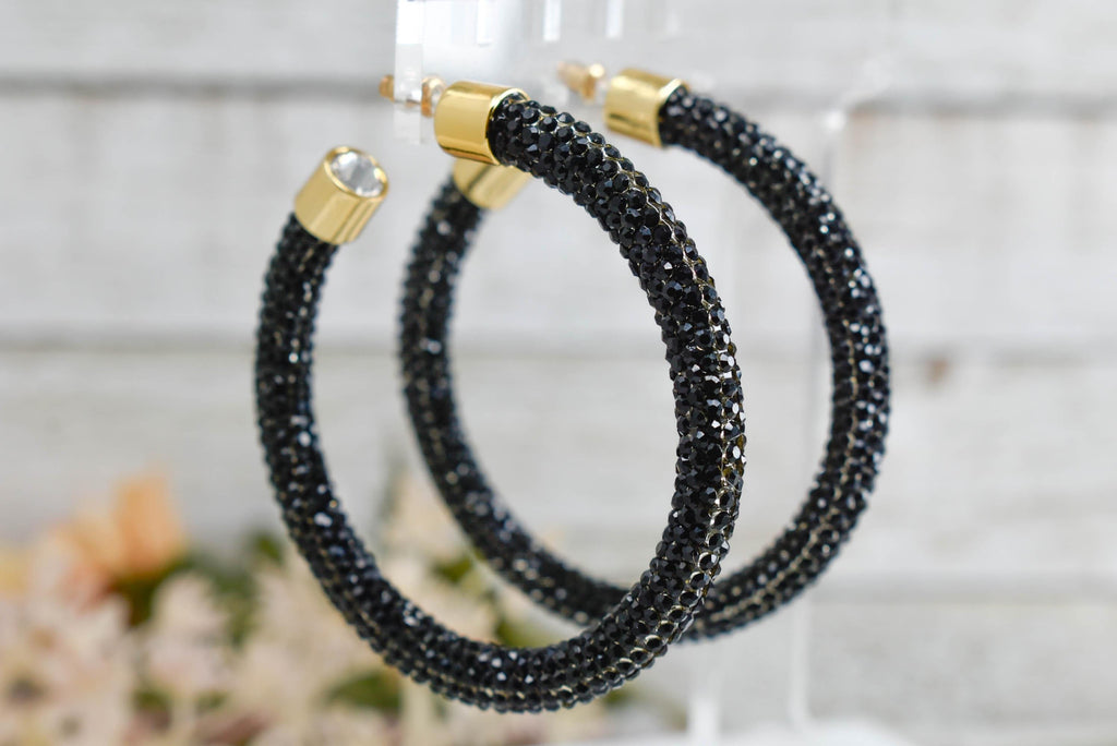 2.5" Ladies Bohemian Black Rhinestone Sparkle Wrap Pave Open Hoop Earrings Stone Accent Women Party Night Out