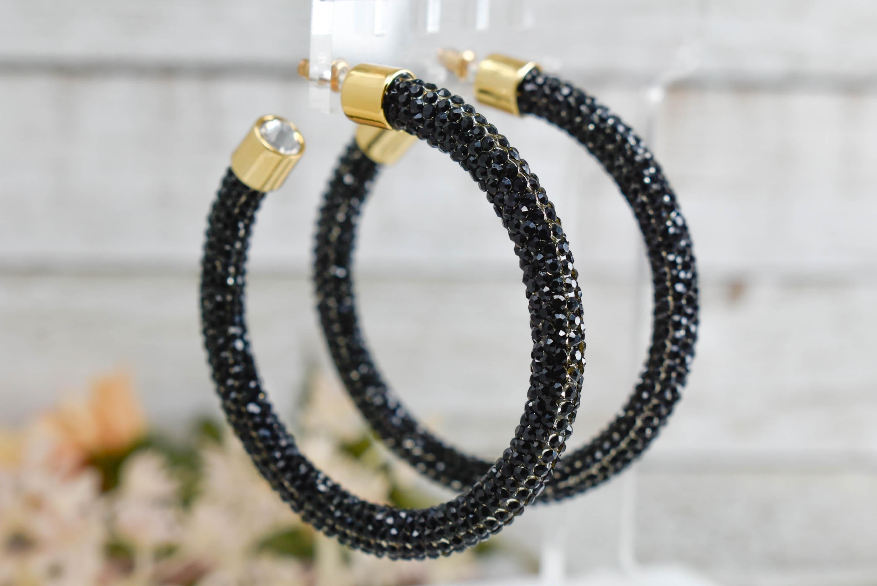 2.5" Ladies Bohemian Black Rhinestone Sparkle Wrap Pave Open Hoop Earrings Stone Accent Women Party Night Out