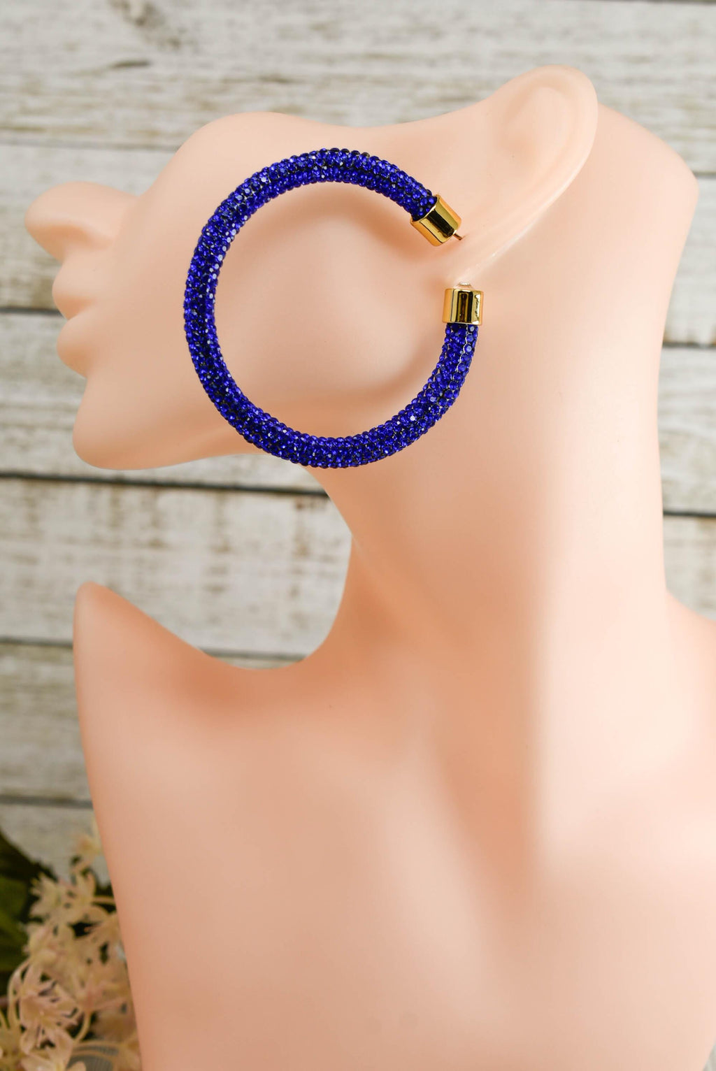 2.5" Ladies Bohemian Royal Blue Rhinestone Sparkle Wrap Pave Open Hoop Earrings Stone Accent Women Party Night Out