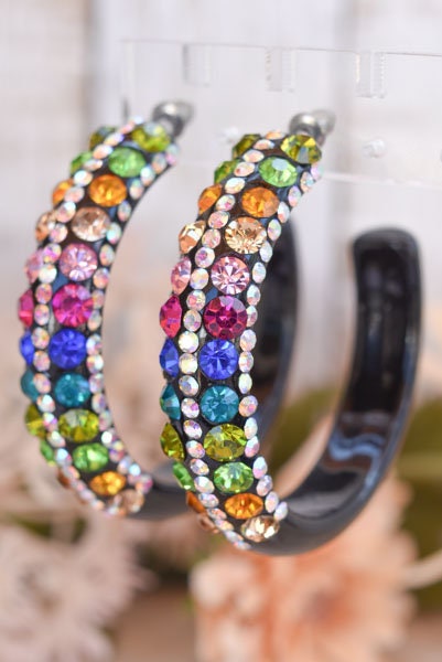 Black 5 Row Bling Statement Acrylic Lucite Multicolor Rhinestones 2" Women's Hoop Earrings Pageant Weddings Night Out Diva Pageant