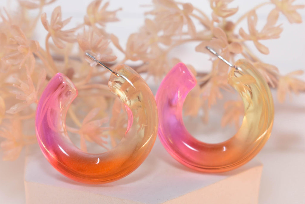 Translucent Gradient Amber Orange Pink Boho Semi Chunky Lucite Ombre Jelly 1.5" Hoop Earrings