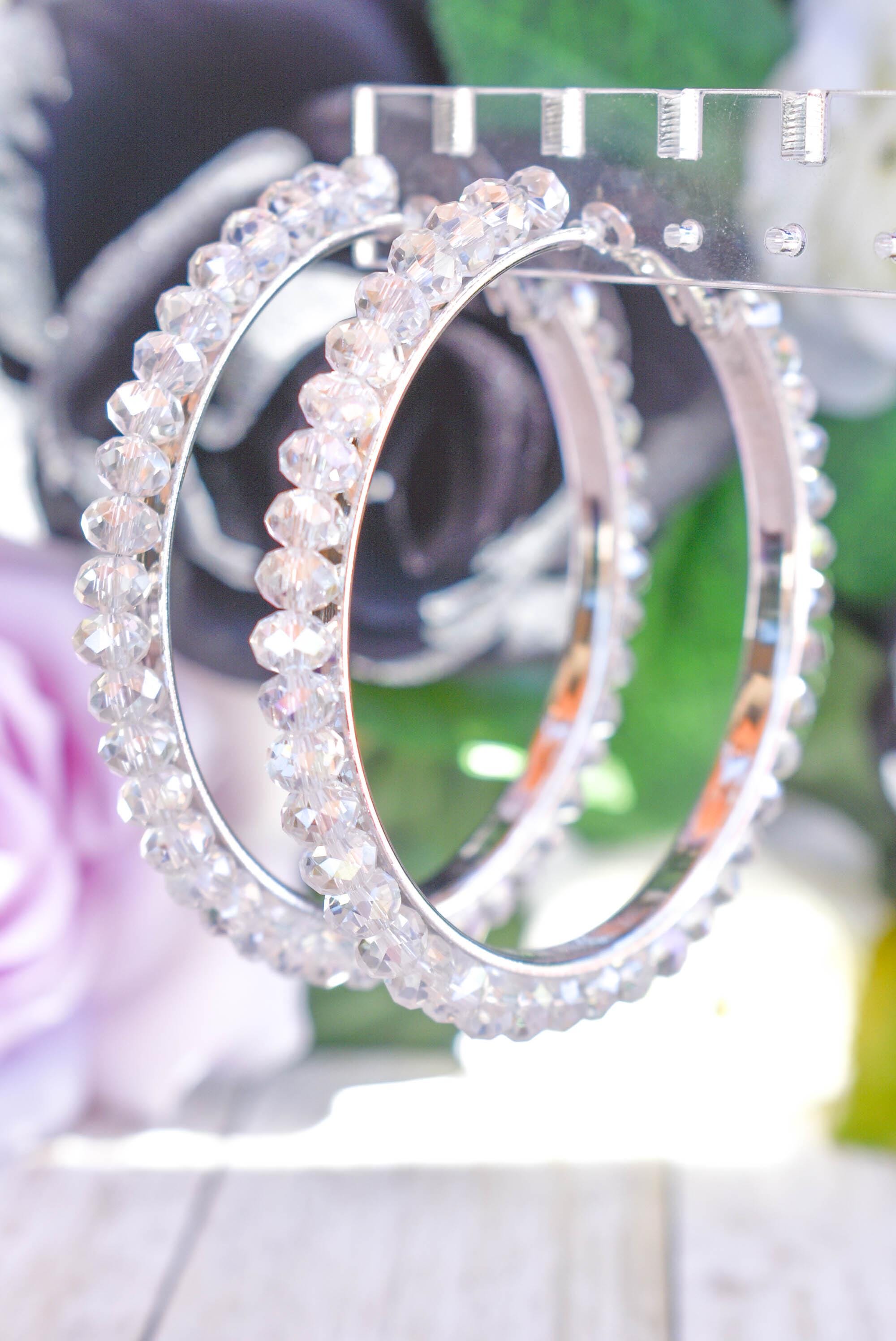 Statement Boho Clear Crystal Glass Beads 2.75" Silver Tone Hoop Earrings Stylish Jewelry Women's Fashion Diva Accessories Pageants