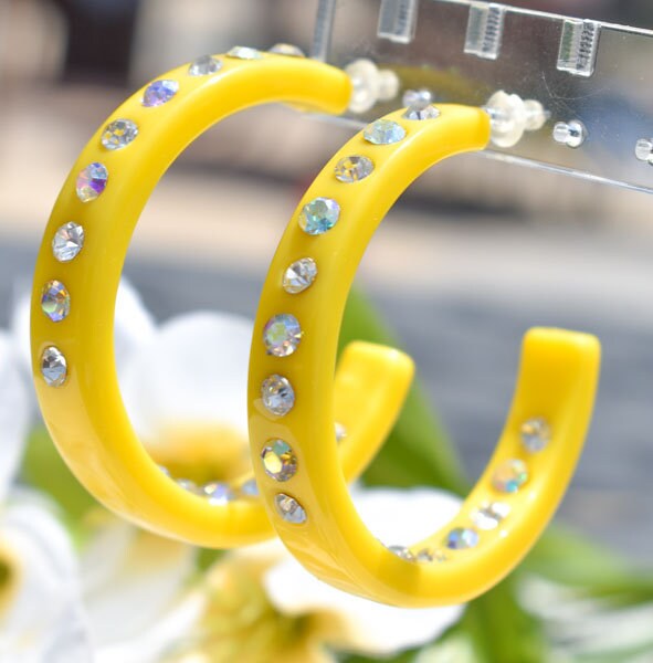 Yellow Color Single Row Bling Statement Lucite White Inner & Outer Rhinestones 2" Women's Hoop Earrings Pageant Weddings Night Out