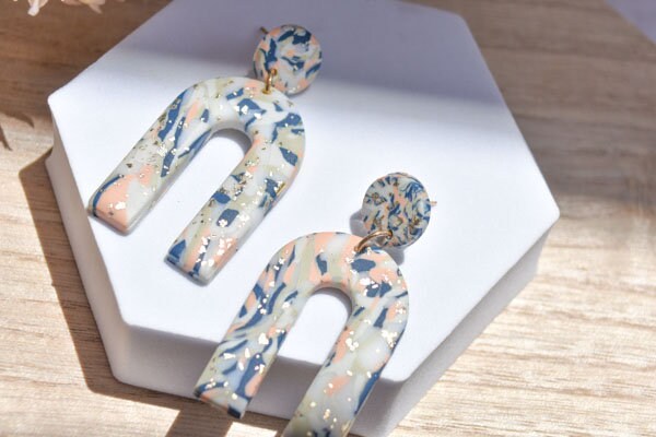 Boho Fashion Statement Handmade Polymer Clay "Brianne" Gold Flakes Dangle Earrings Gifts Women