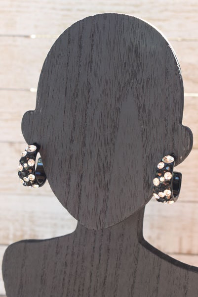 Black Bling Statement Semi Wide Lucite Black/Clear Diagonal Rhinestones 1" Women's Hoop Earrings Pageant Weddings Night Out Diva Pageant