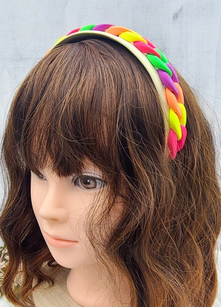 Colorful Retro 80's Vibe Satin Wide Headband with Neon Matte Chunky Chain Link Accent Costume Boho Hair Accessory Women Girls