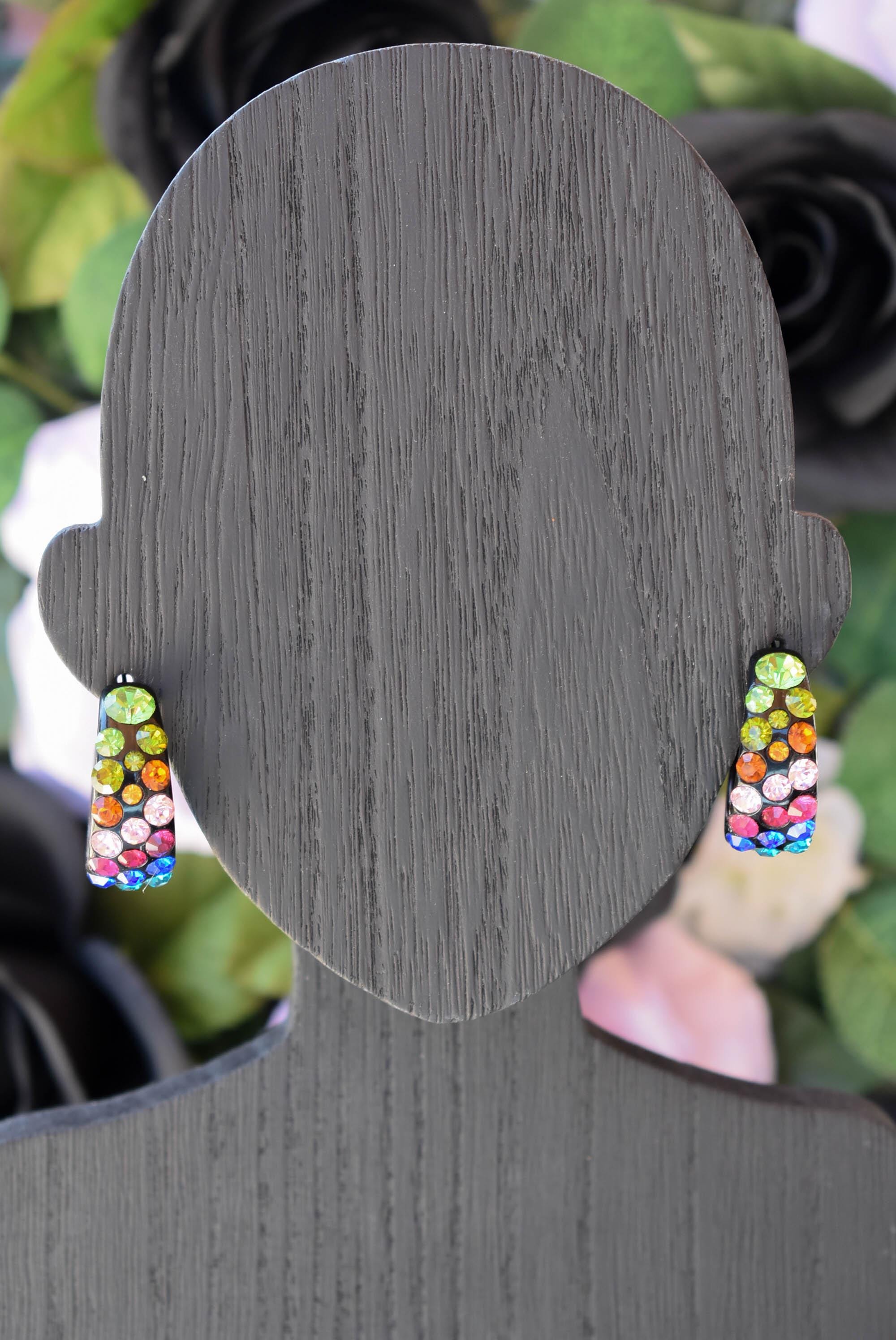 Black Bling Statement Semi Wide Multicolor Diagonal Rhinestones 1" Women's Hoop Earrings Pageant Weddings Night Out Diva Pageant