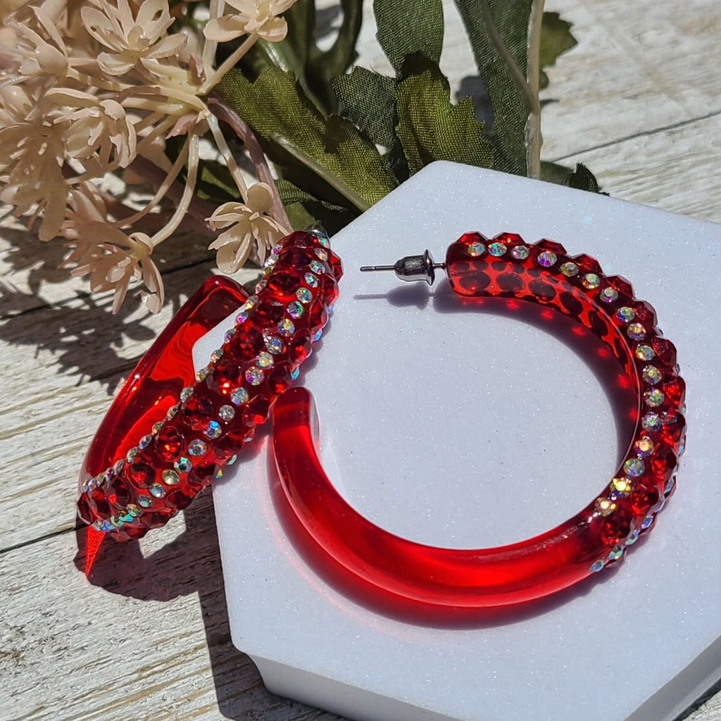 Translucent Red 5 Row Bling Statement Acrylic Lucite Red/AB Rhinestones 2" Women's Hoop Earrings Pageant Weddings Night Out