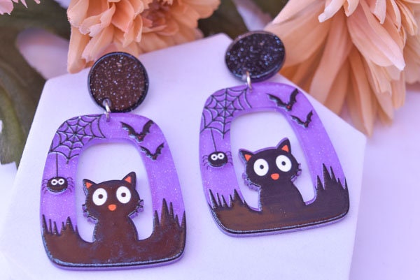 Abstract Shape Halloween Cute Cat Glitter Acrylic Purple Holiday Women Girls Dangle Earrings Emo Goth Steampunk